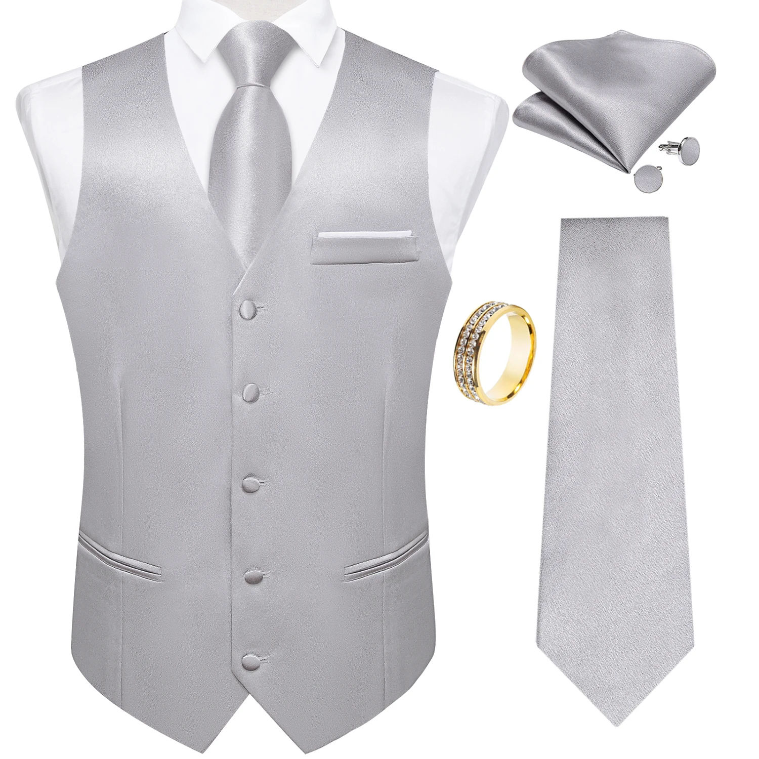 Silver Matte Plain Vest Full Accessory Combo Tie Pocket Square Cufflinks Gold Ring For Business Conference Formal Ball