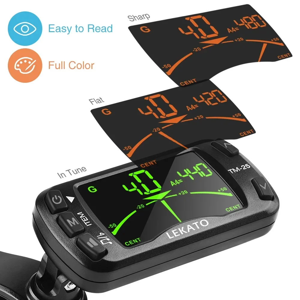 여행용 소형 3-In-1 튜너 - 자동 전원 차단 클립(카라비너 ​​후크 및 햇빛으로 읽을 수 있는 LCD 포함)(기타/우쿨렐레)