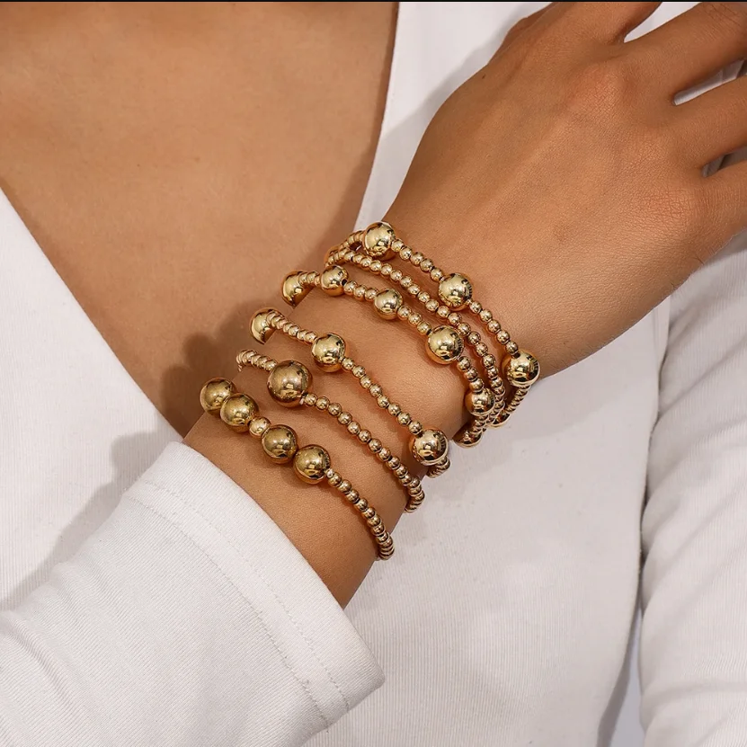 Aihua 6 Stück/Set goldfarbene CCB-Perlen-Kettenarmbänder für Frauen, kreativer Minimalismus, Perlen-Stretch-Armreif, Schmuckzubehör – Detail 2