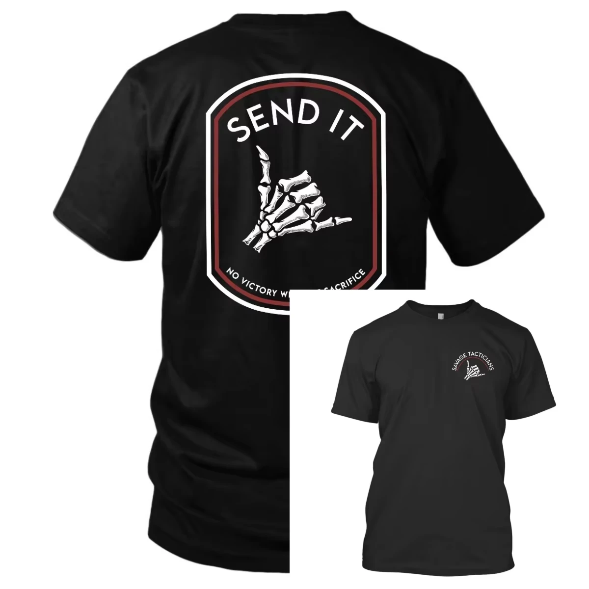 Vintage Shield Badge Skeleton Hand Gesture Graphic T‑Shirt Send‑It Slogan Tactical Punk Print Unisex Daily Street‑style Top
