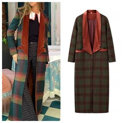 European and American style autumn and winter new suit collar one button long woolen plaid coat