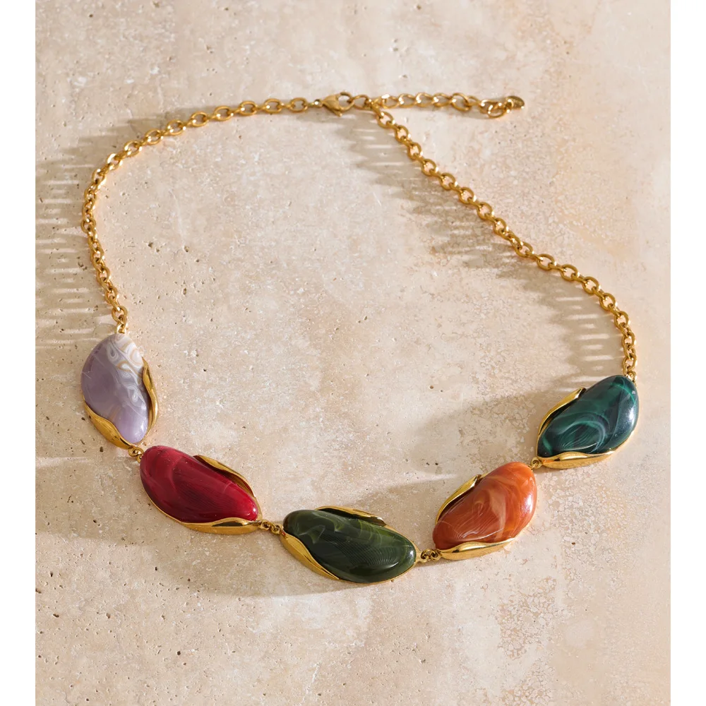 Yhpup Exclusive Design Stainless Steel Resin Chain Necklace Fall Winter Style Statement Neck Jewelry Waterproof