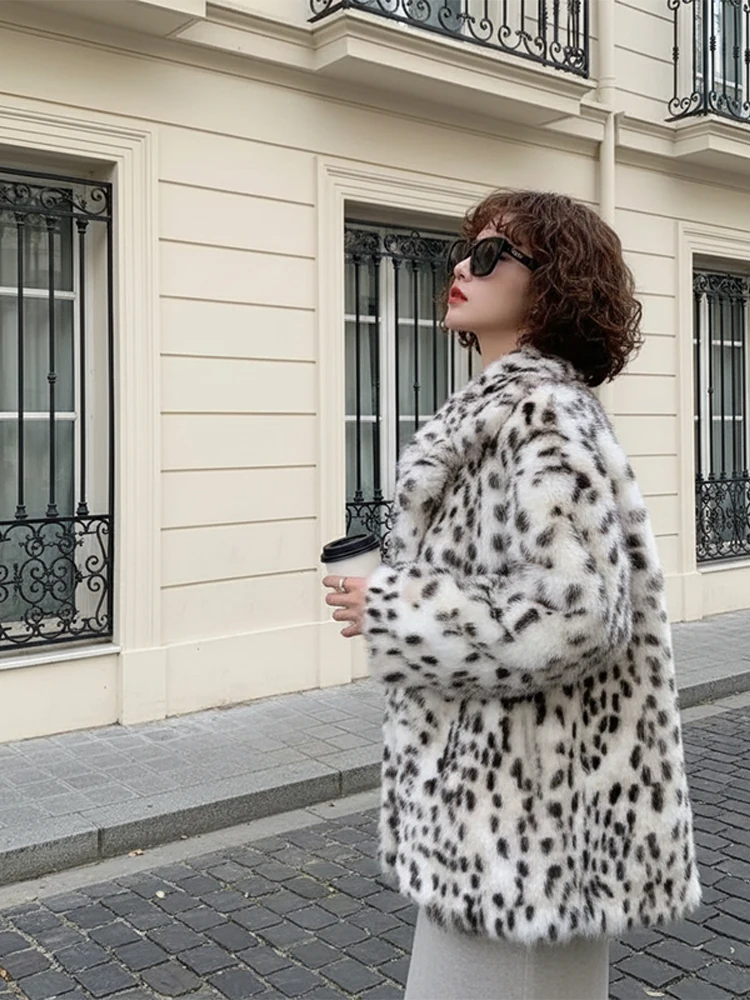 

Fashion Leopard Print Faux Fur Women Coat Lady Casual Lapel Full Sleeve Single Breasted Short Coats Winter Daily Street Jacket