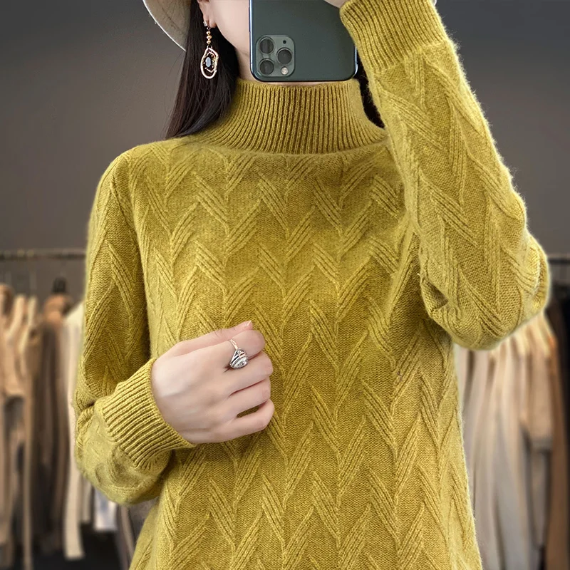 2023 New Autumn Winter women Cashmere thickened Half turtleneck  Warm Loose cashmere sweater women