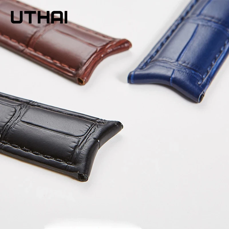 UTHAI F09 Leather Watchband Curved Interface Bamboo Pattern Buckle Business 19mm 20mm 21mm 22mm 24mm Retro Watch Strap