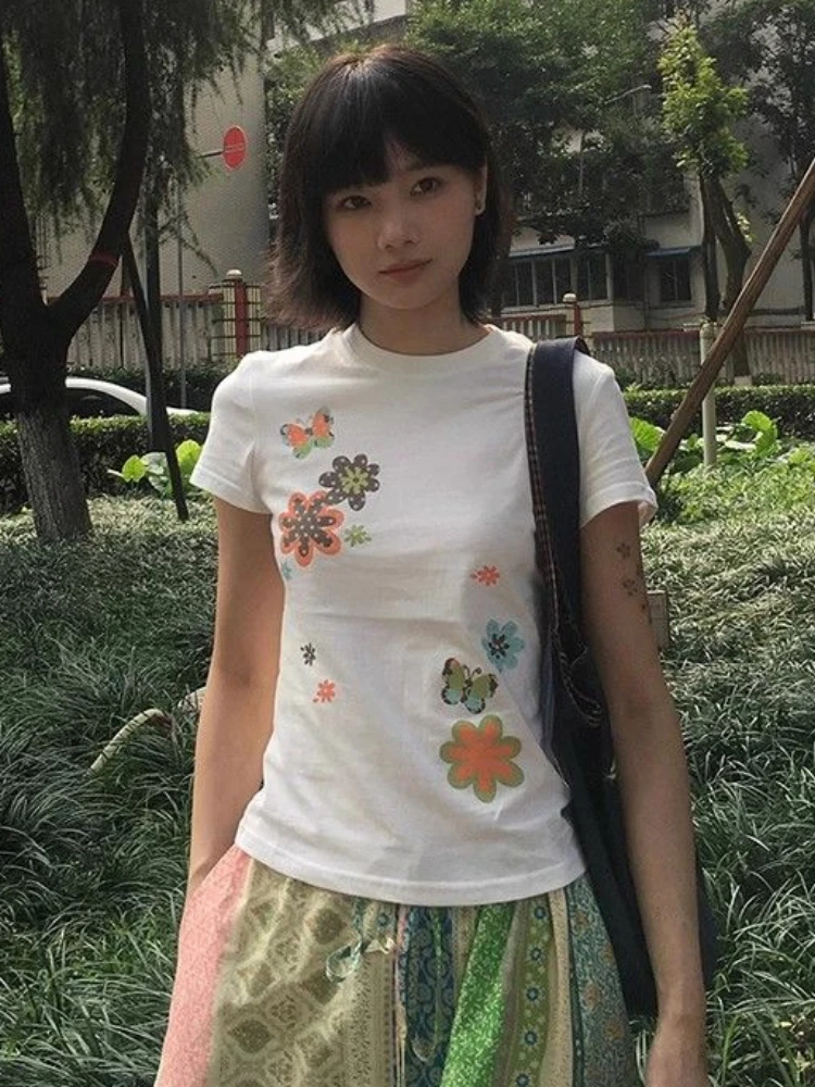 Preppy Style Grunge Flower Printing T-shirt Women Y2k Aesthetic Slim White Tees Tshirt 2025 Summer Harajuku Fairy Casual Tops