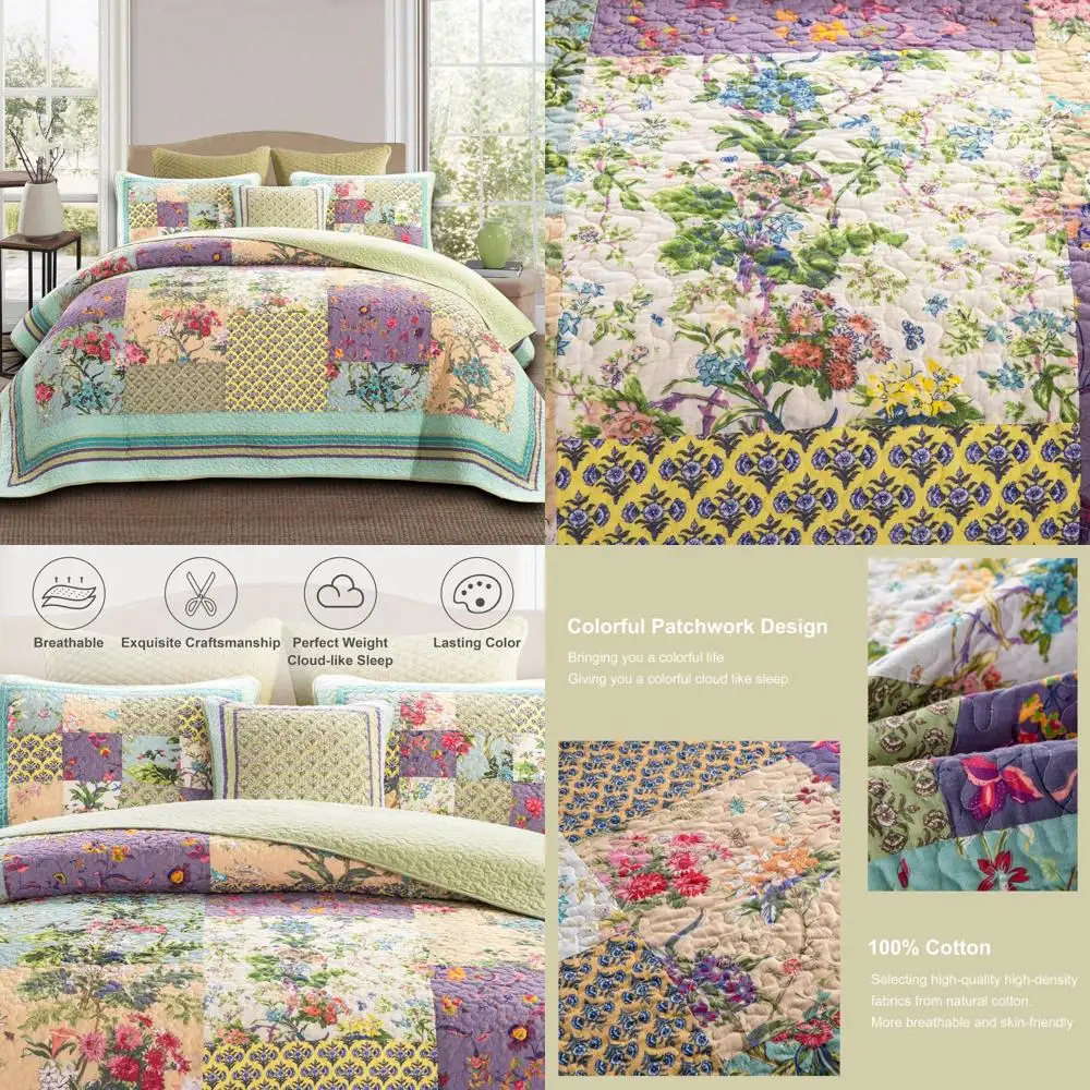 

Queen Size Cotton Patchwork Quilt Set - Reversible, Breathable, Colorful Floral Design with Pillows
