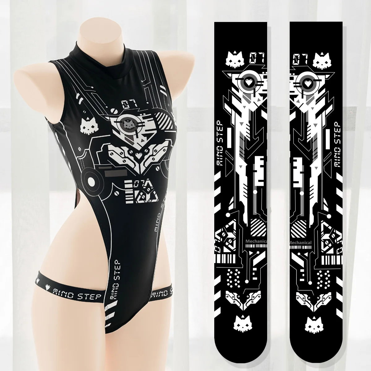 

Dark CyberPunk Mechanical Sexy Cat High Fork Swimsuit Cosplay Sukumizu Women Costume Swimwear Bodysuit Stocking Lingerie Set