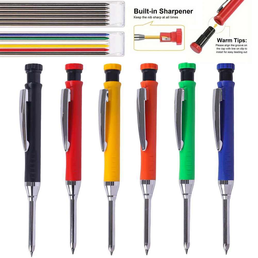 6Pcs/set 2.8mm Woodworking Automatic Pencil Built-in Sharpener for Deep Hole Mechanical Pencil Marking Woodworking Tool