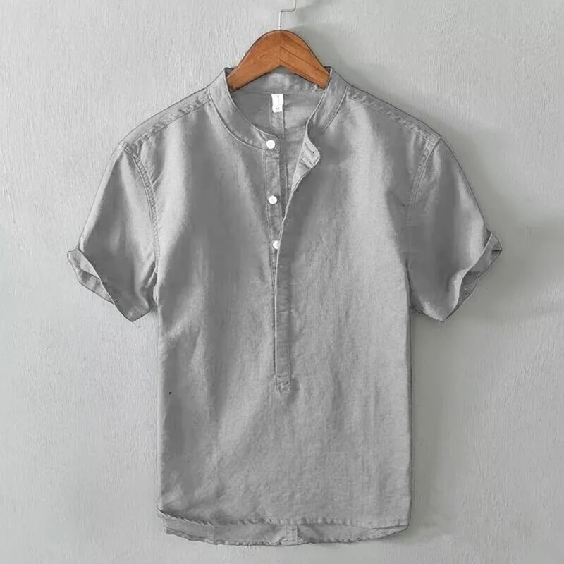 

Solid Color Short Sleeved Shirt for Men's Casual Cotton and Linen Loose Standing Collar Semi Open Shirt