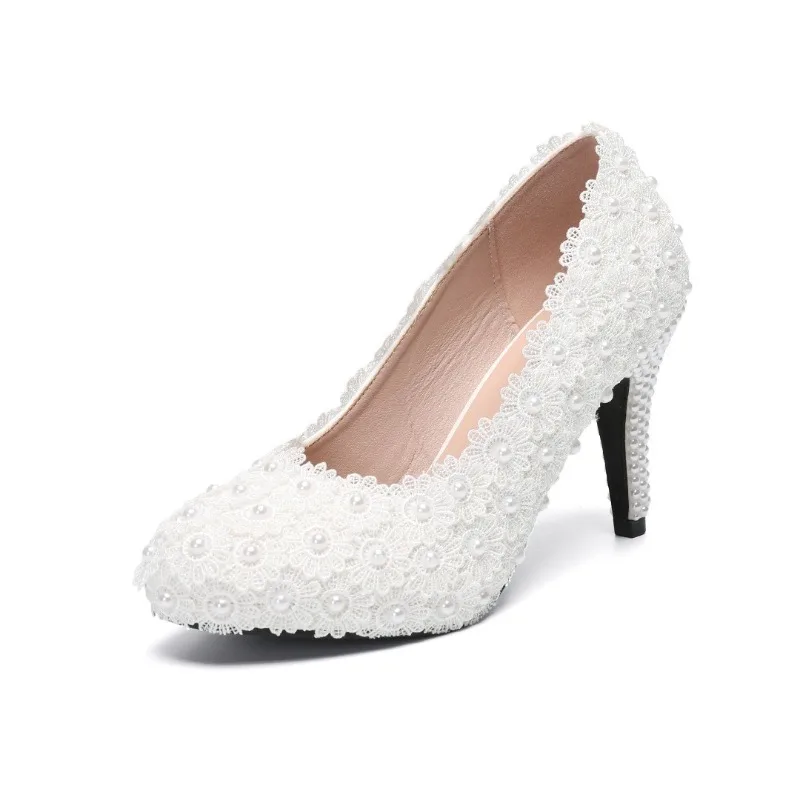 2026 Summer New White Pearl Lace Floral Beaded Wedding Shoes 7cm Thick Heel Square Heel Sandals Banquet Large-size Women's Shoes - view 5