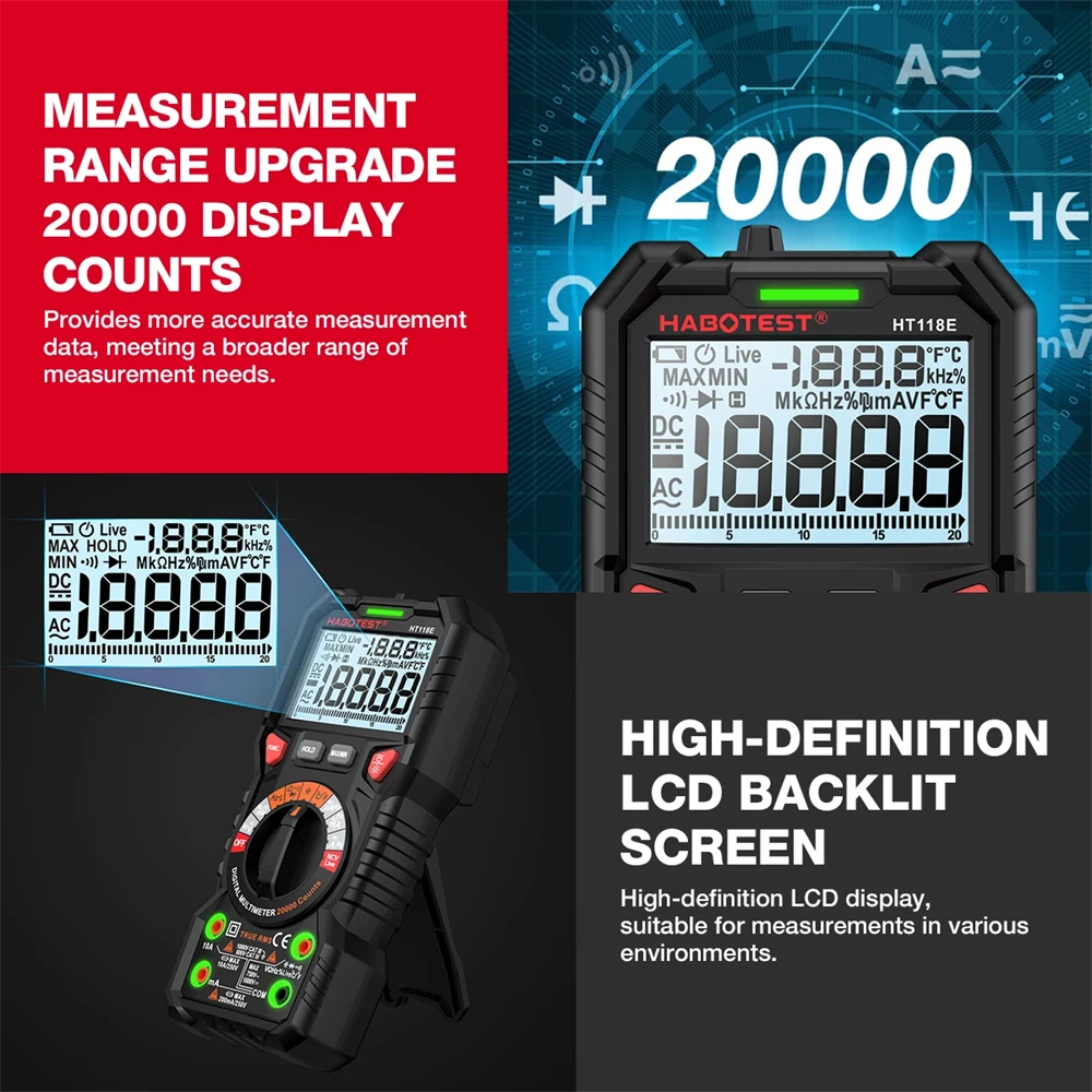 HABOTEST HT118 Multimeter Digital 20000 Counts Electrical Multitester Professional Ammeter Voltmeter Hz NCV Transistor Ohm Meter