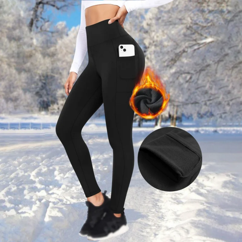 Fleece Leggings For Women High Waisted Cinched For Warmth Yoga Running Pants Comfortable Autumn Winter Exercise With Pocket