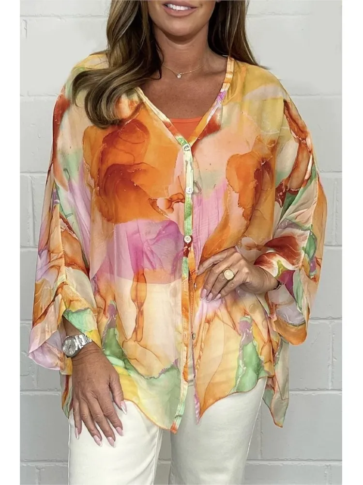 2024  con cuello en V para mujer, Top fino de manga acampanada, blusa holgada informal con estampado colorido de un solo pecho,