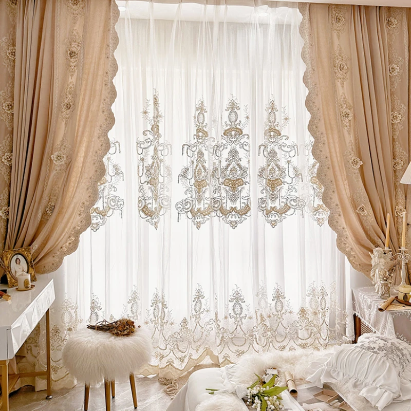 French Rococo Lace Three-dimensional Plate Embroidery Window Screen Curtains for Living Room Bedroom French Window Villa Curtain