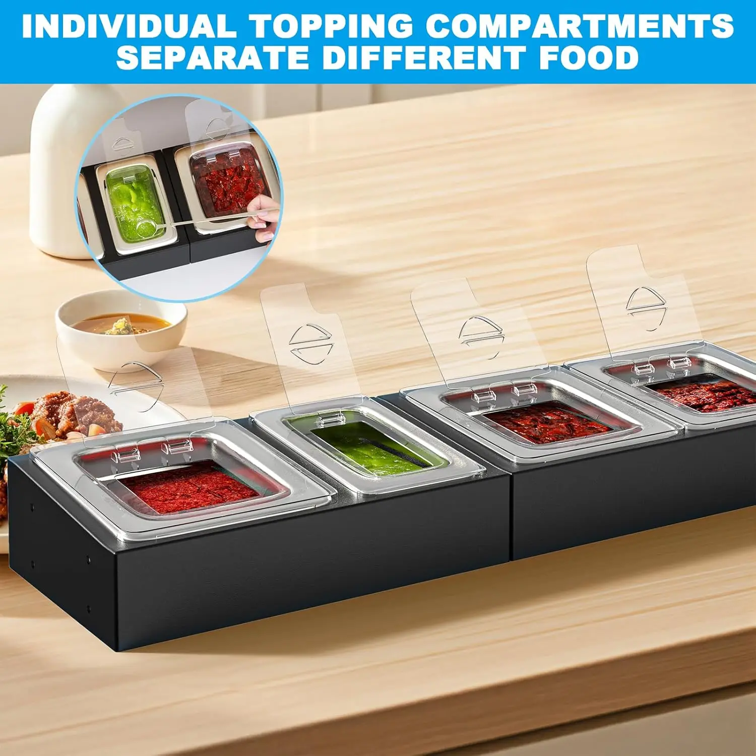 محطة توب بيتزا لطاولة حامل إعداد الشواية، حاويات بهار مع أغطية شفافة لملحقات عربة فرن البيتزا، تخفيضات كبيرة