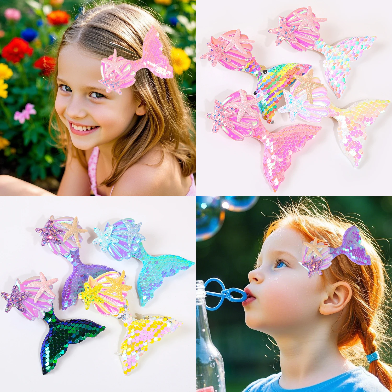 4/8pcs Gradient Glitter Shell Mermaid Hair Clip For Girls Kids Fashion Cute Daily Party Barrettes Hair Accessories