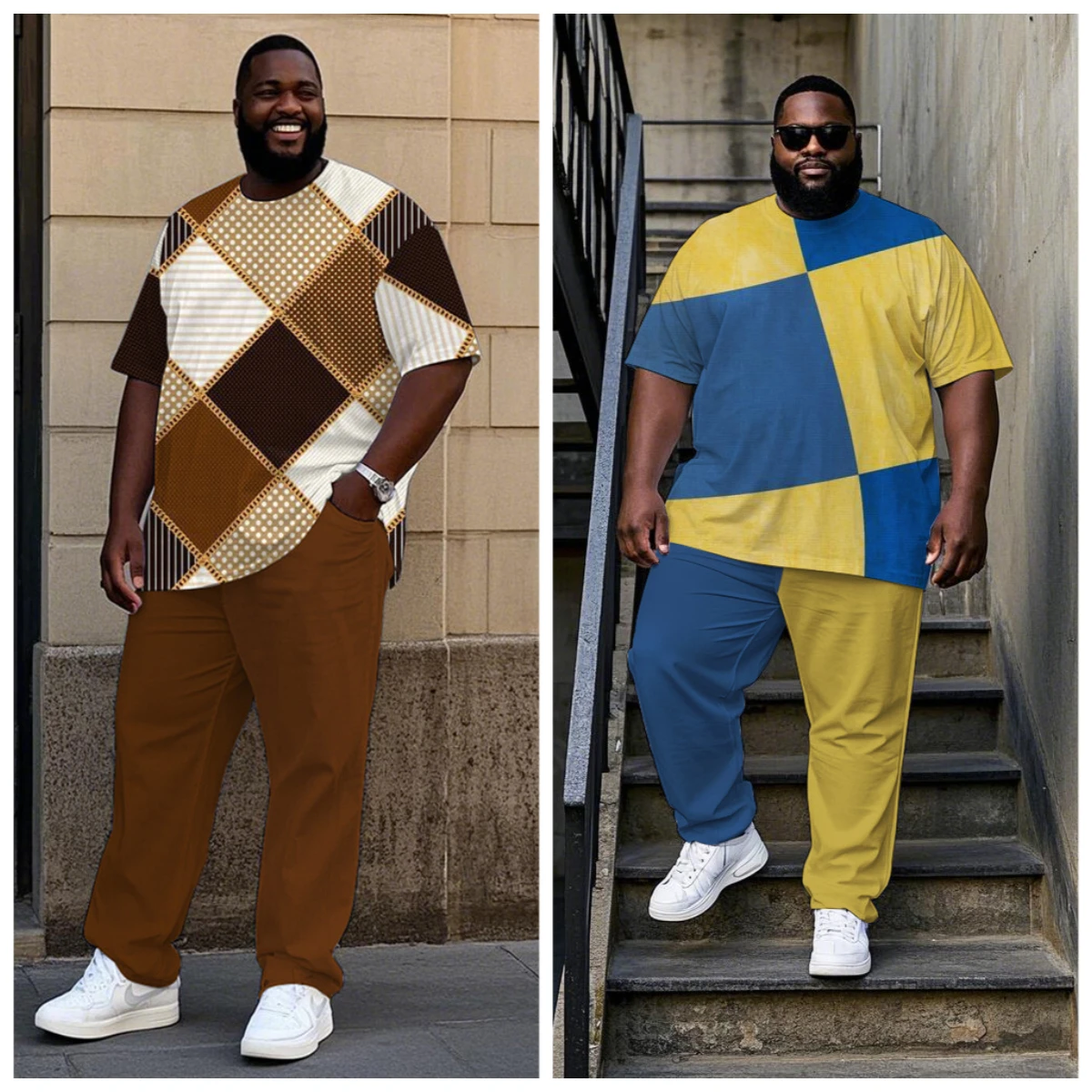 

S-9XL Big and Tall Men Geometric Color Block Print 2-Piece T-Shirt & Pants Set