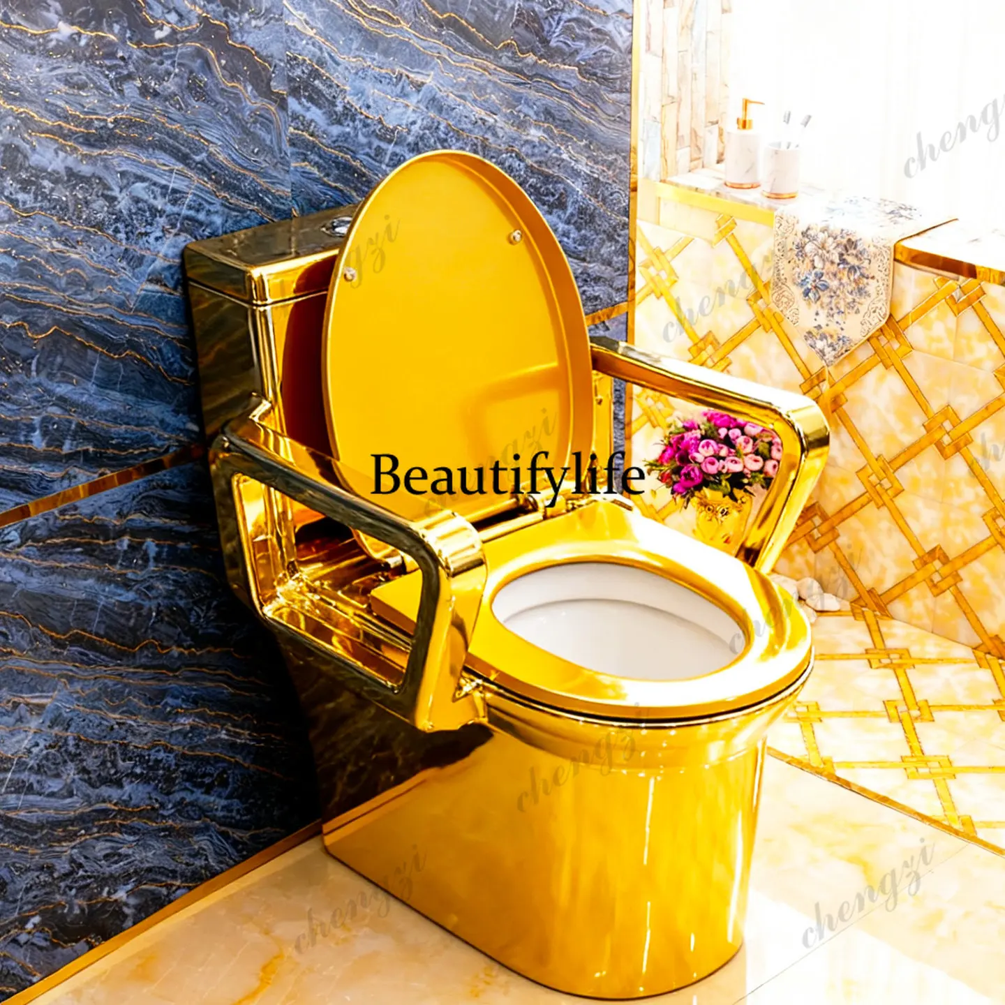 Creative gold toilet siphon large-diameter water-saving silent toilet local tyrant gold toilet with armrest