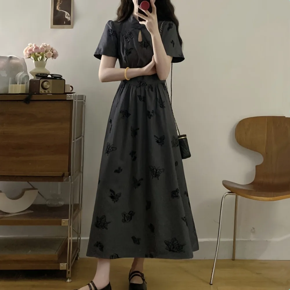 여성 여름 Y2K 슬림핏 A라인 드레스, 복고풍 나비 프린트 컷아웃 디자인 개구리 버튼 틈새 그레이 중국 스타일 치파오