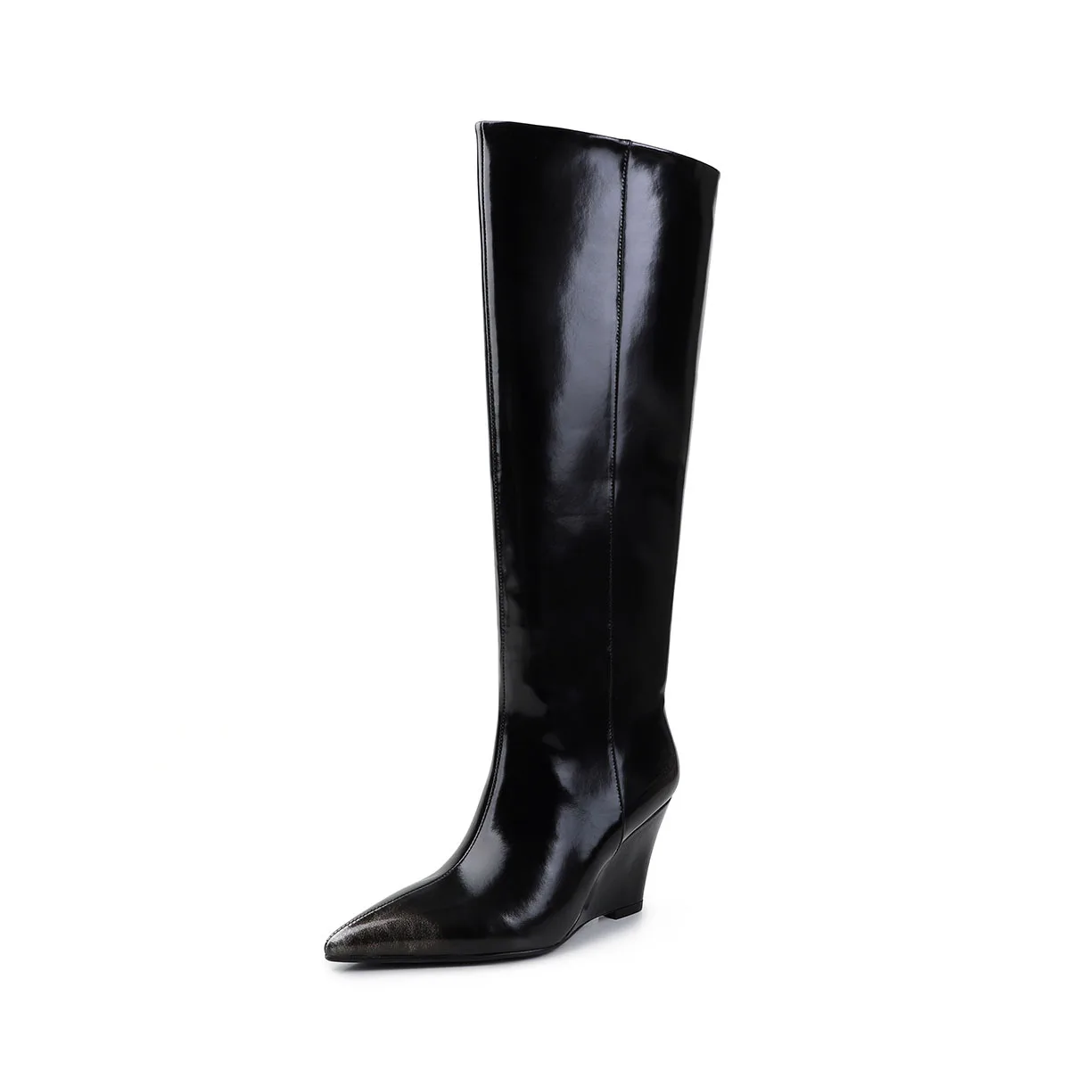 Arden Furtado Women's Modern Pointed Toe Slip-On High-Heeled Knee High Boots Autumn Black Cowhide Wedges Mixed Color