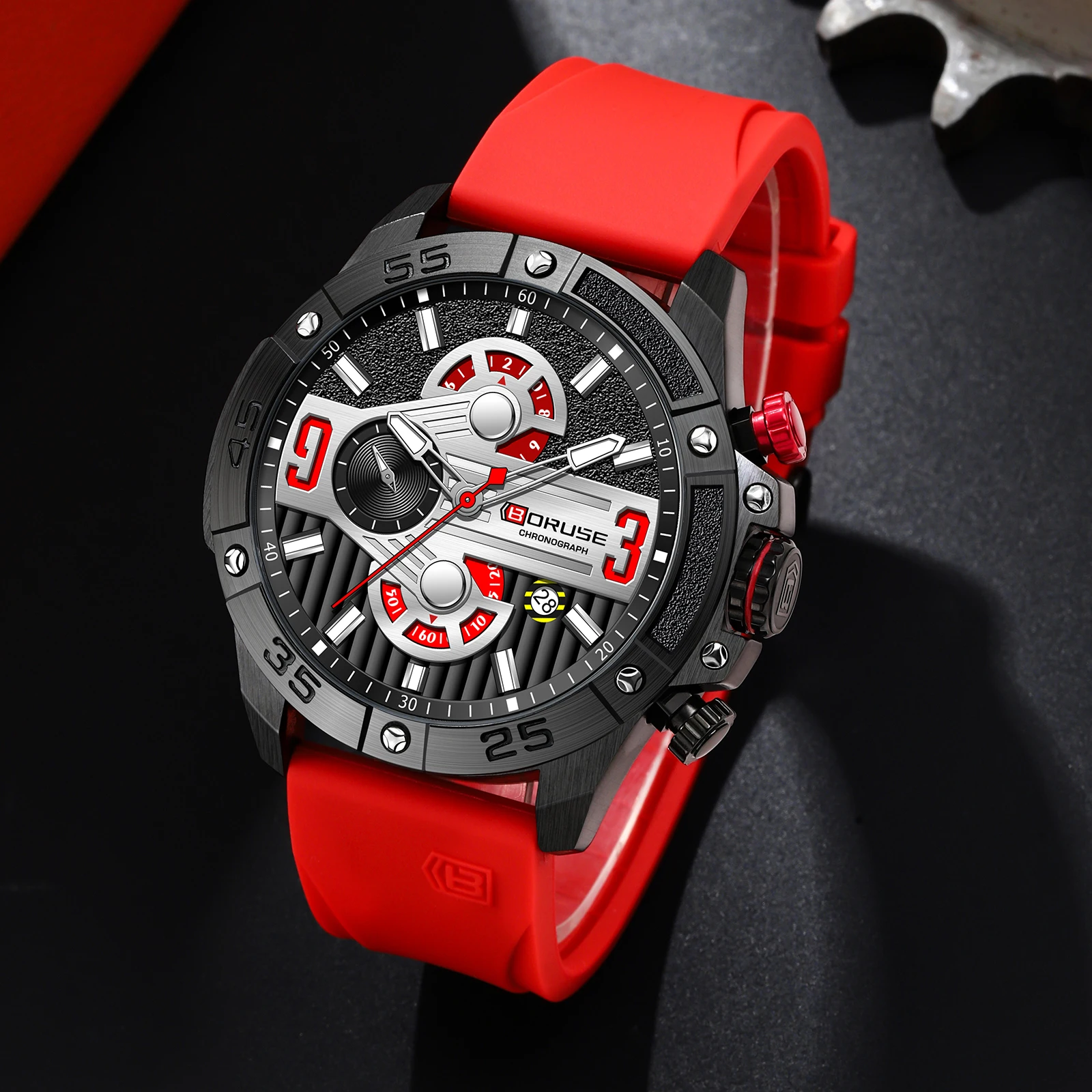 BORUSE Sport Quartz Red Watch for Men Luxury Wristwatches Chronograph Waterproof Casual Clock Montre Homme