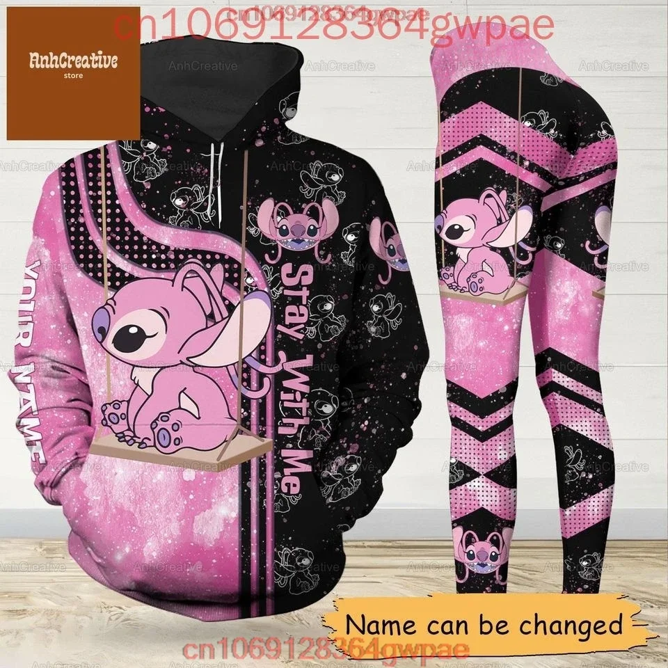 Custom Name Disney Angel Hoodie and Leggings Women's Set Sports Suit Disney Stitch Hoodie Yoga Pants Set Fashion Tracksuit Set