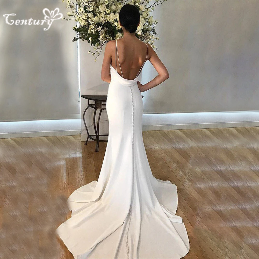 

Sexy Long Crepe Wedding Dresses Mermaid Spaghetti Straps V-Neck Buttons Back Simple Bridal Gowns Vestidos de novia for Women