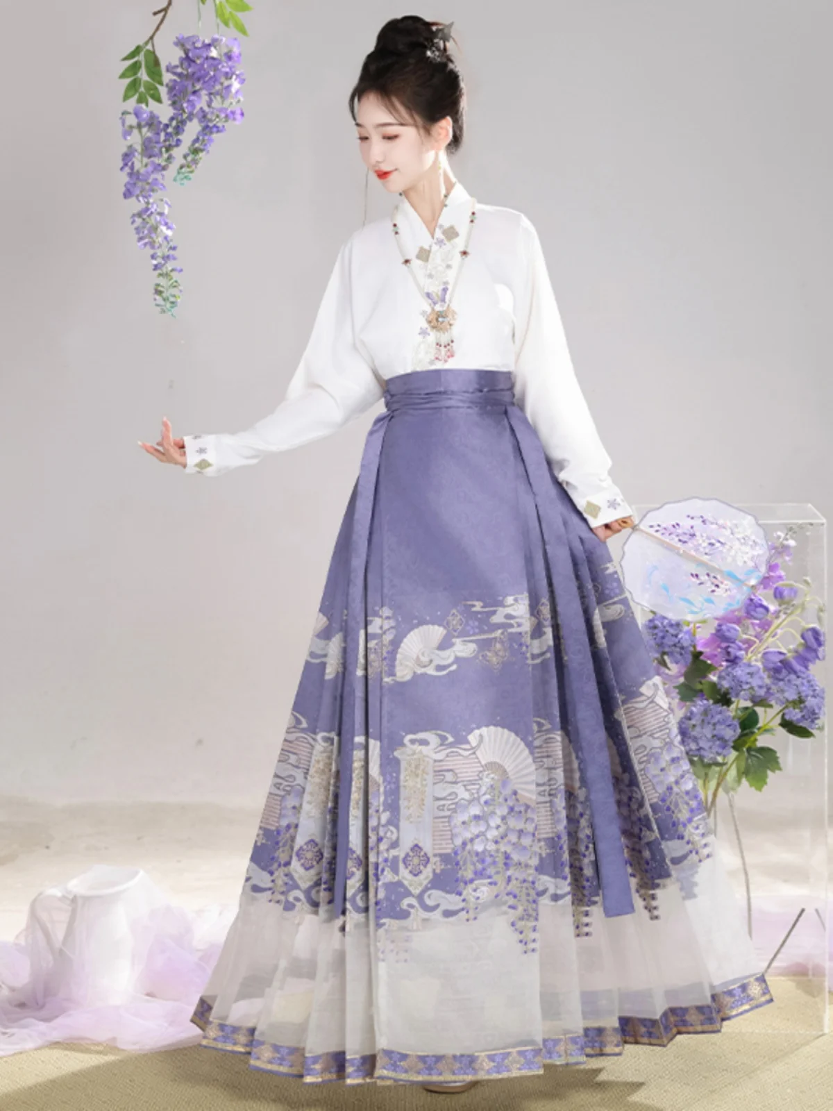 طقم تنورة هانفو الأصلي للنساء باللون الأرجواني بنمط الشرق، تنورة نصفية للخريف والشتاء، تصميم للبالغين، مصنوع من ألياف البوليس...