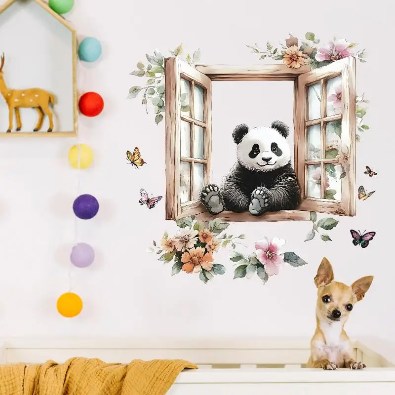Panda Flower Butterfly Wall Sticker For Kids Room Background Deco Wallpaper Bedroom Home Decoration Self-adhesive Cartoon Decal
