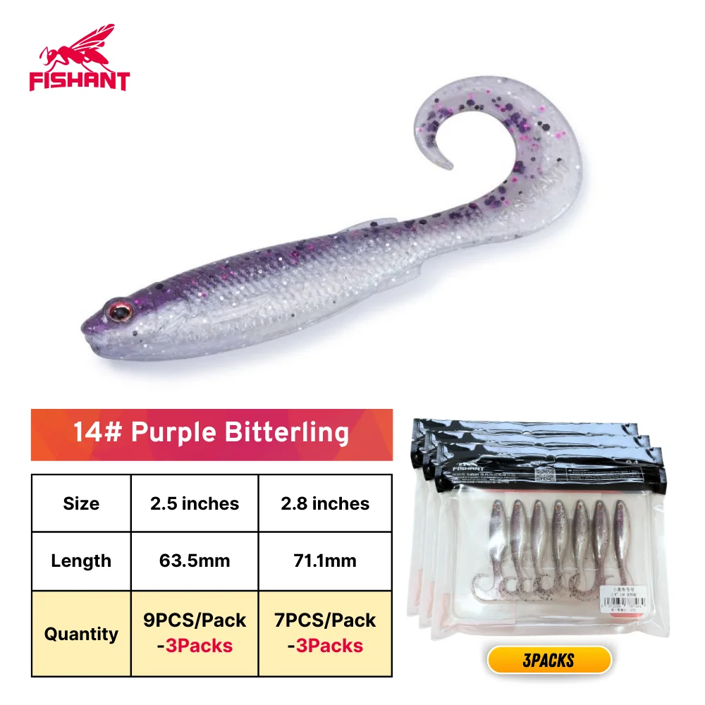 FISHANT Kleine echte vis met gekrulde staart, zacht kunstaas - Zinkend 2,5"(9PCS)/2,8"(7PCS) 3/5 pakjes, baarsaas voor Texas/Drop Shot/Ned Rig