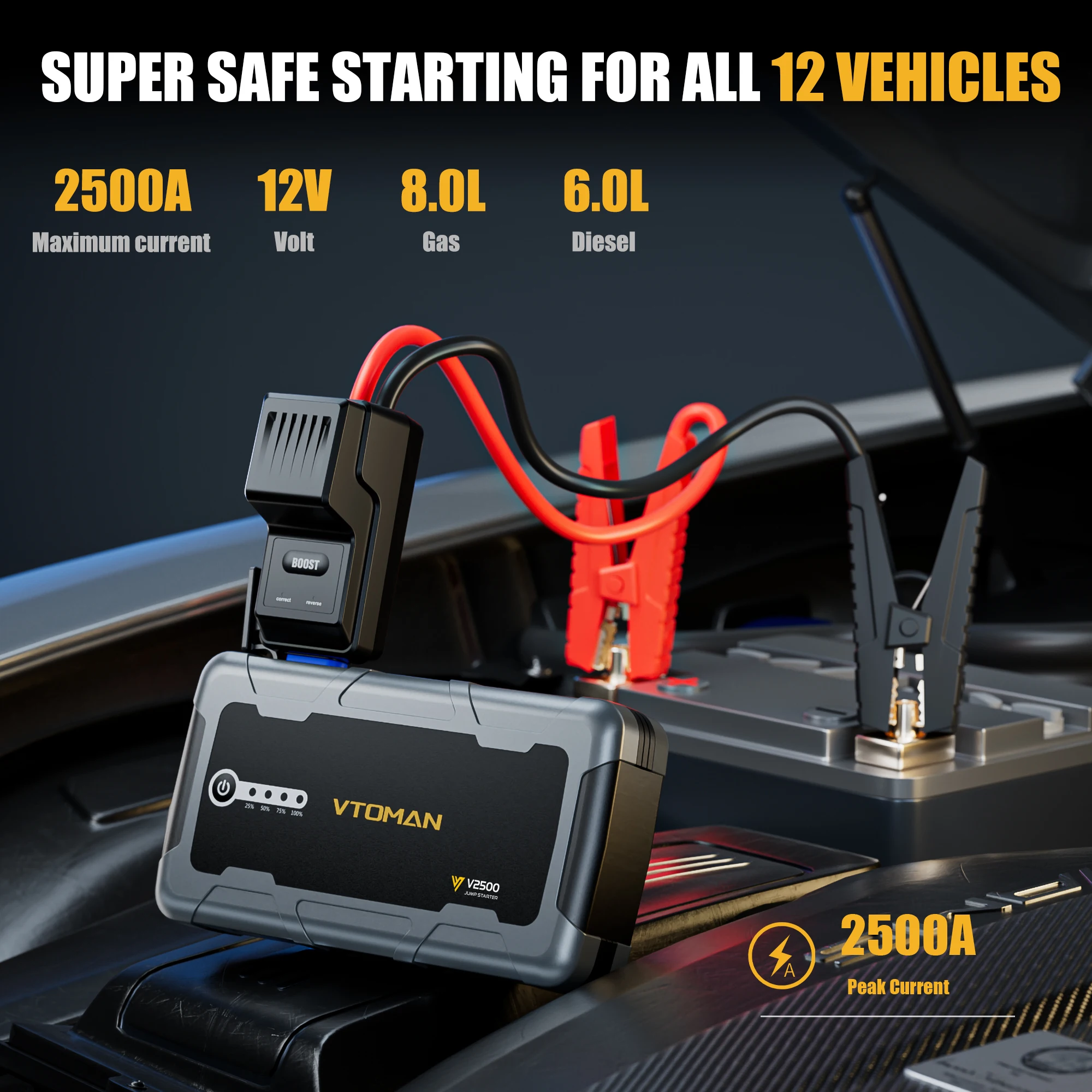 VTOMAN 2500A Car Jump Starter for Car Starter Portable Emergency Booster 12V Auto Starting Device Petrol Diesel 8.0/6.0L