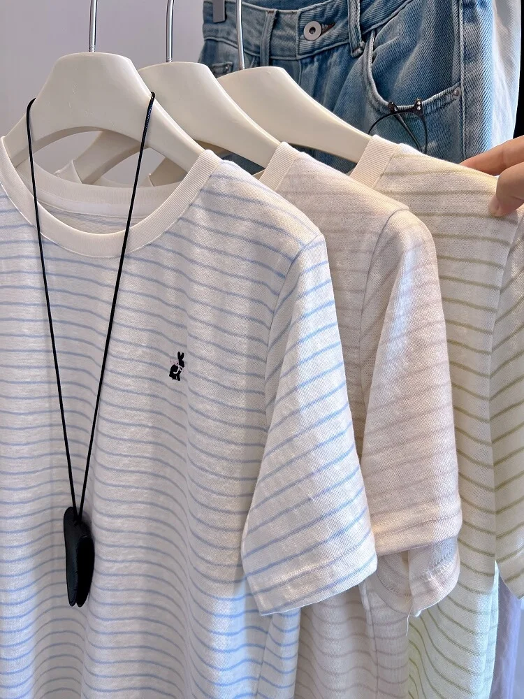 

Korean Style Pure Cotton Short Sleeve T-Shirt Women's Comfortable Breathable Embroidered Striped Slimming Summer Top