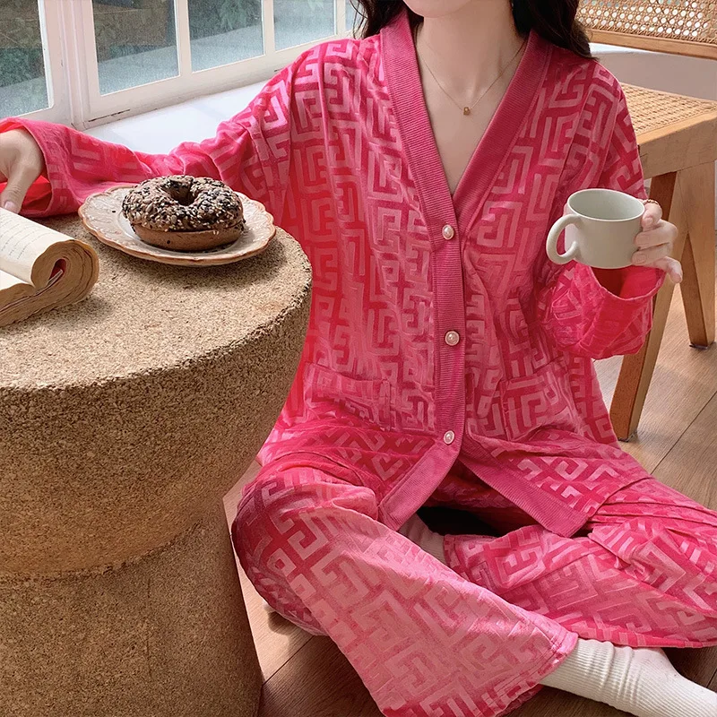 Pink Pyjamas 2Pcs Loungewear Women Velour Warm Sleepwear Casual Home Clothes Sexy Jacquard Shirt&pants Nightwear Pijama Mujer