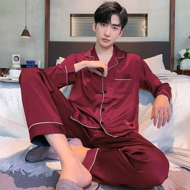 Spring Autumn Summer New Pajamas Long-sleeved Trousers Ice Silk Sense of Advanced Gentleman Silk Thin A Loungewear Set