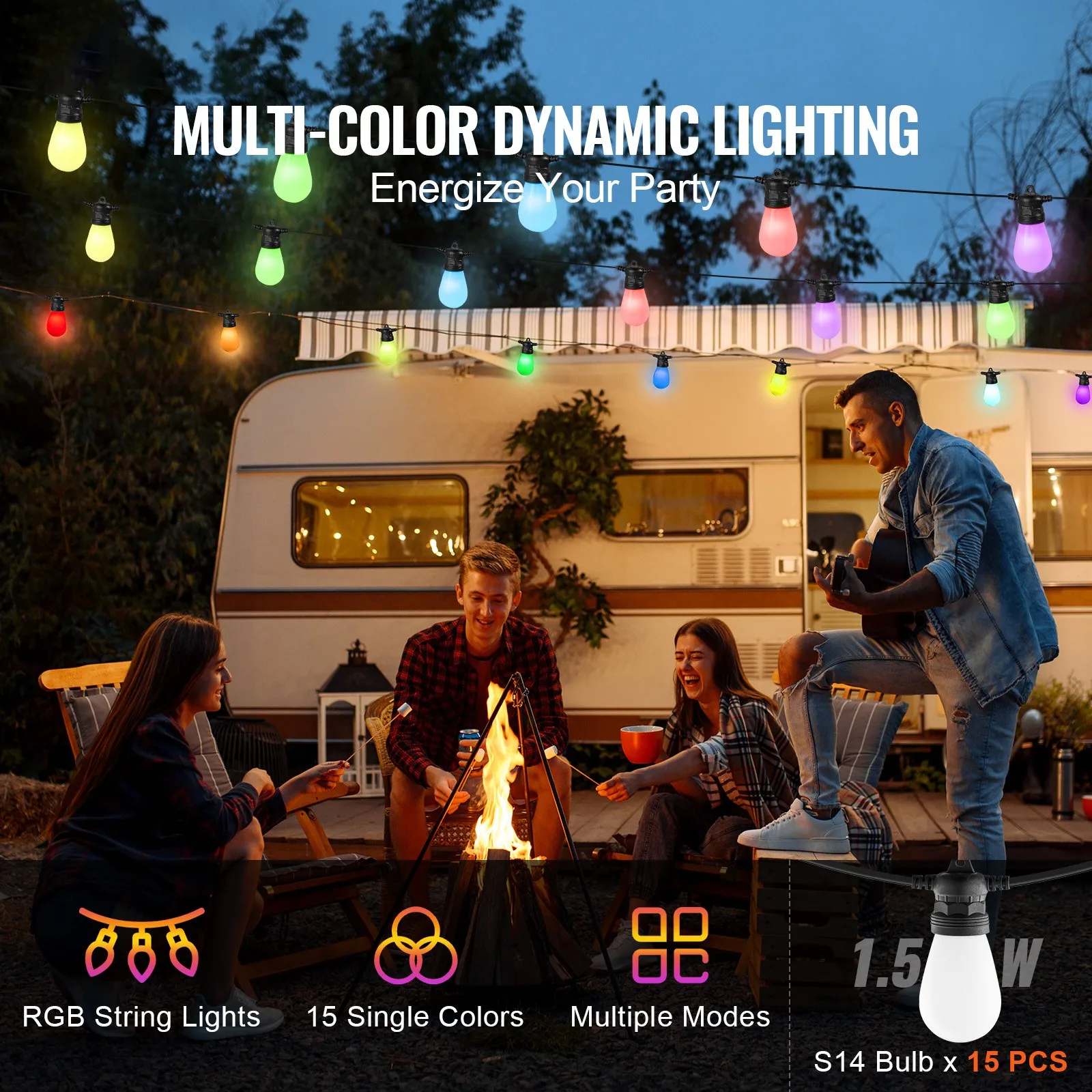 50FT RGB Outdoor String Lights Patio Waterproof Lights with APP Control