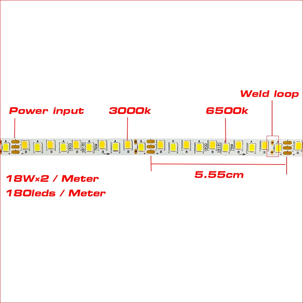 (3 solder joints) 5meters 2835-7mm-180D Three Colors Constant Current LED Strip 5B9C×2 18W×2/Meter SANAN Chip With 3000K+6500K