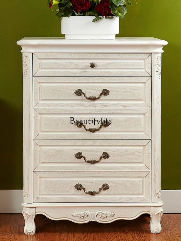 Solid wood chest of drawers, white pastoral furniture, elegant, antique white