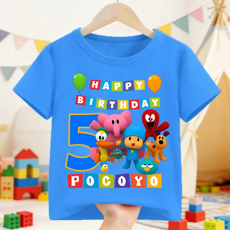 Pocoyos New T-shirt for Children Birthday Number Tee Top Blue Cartoon Anime Clothes Kawaii Boys Girls Round Collar Clothing Gift
