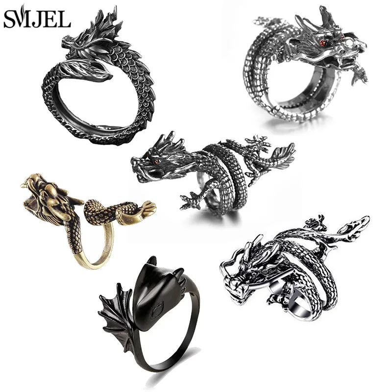 Vintage Fashion Dragon Ring Ancient Silver Color Hip Hop Male Female Jewelry Punk Animal Charm Rings Boyfriend Gift Xmas