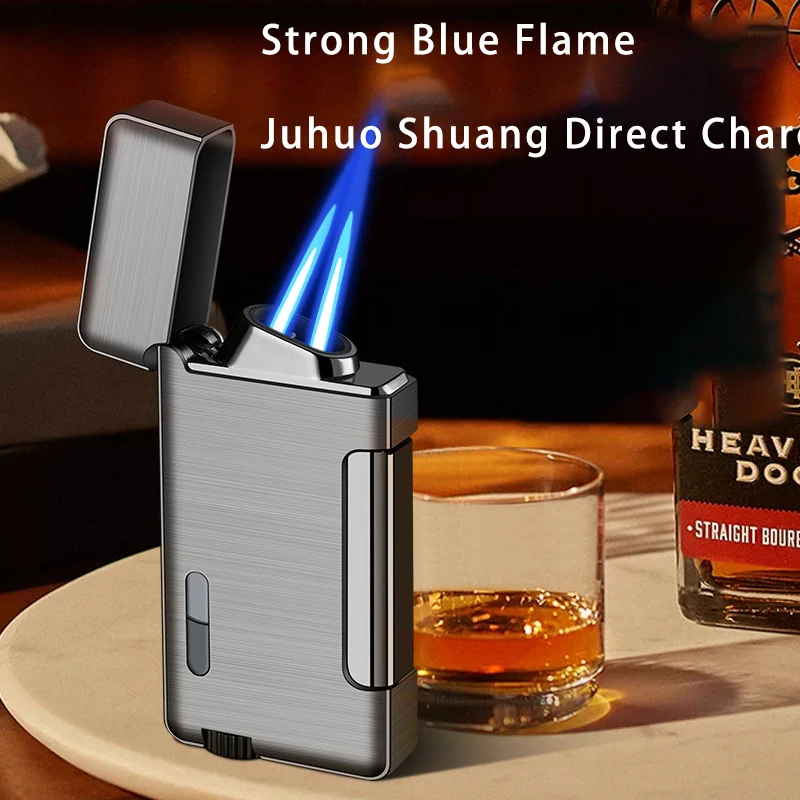 Side pressure direct charging high-end metal visible gas window windproof blue flame personalized creative cigarette lighter