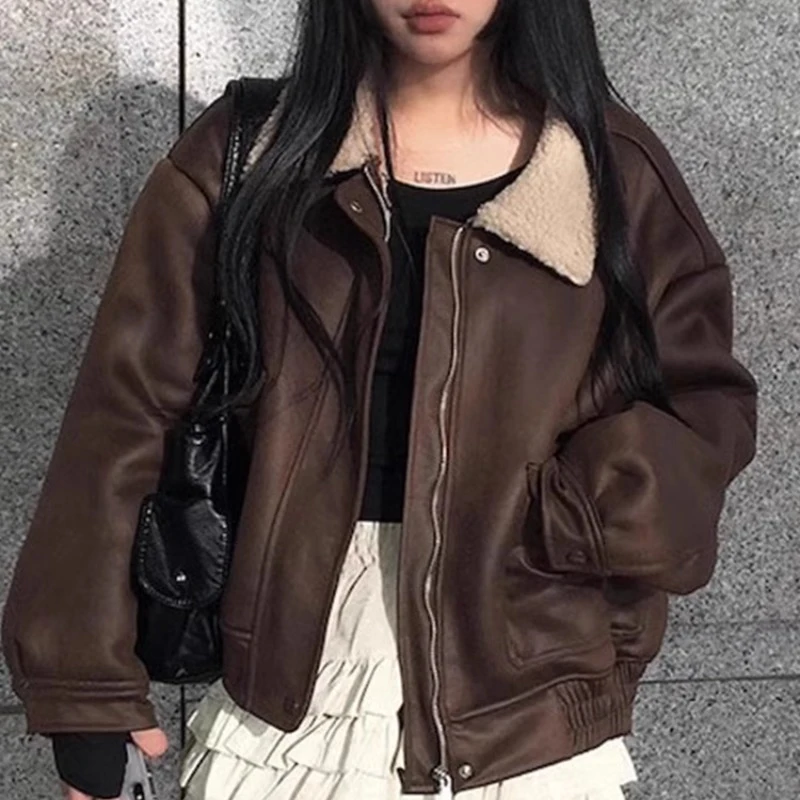 

New Korean Chic Women Jackets Winter Retro Loose Coats Casual Fur One-piece Long-sleeved Warm Lambskin Jacket for Women