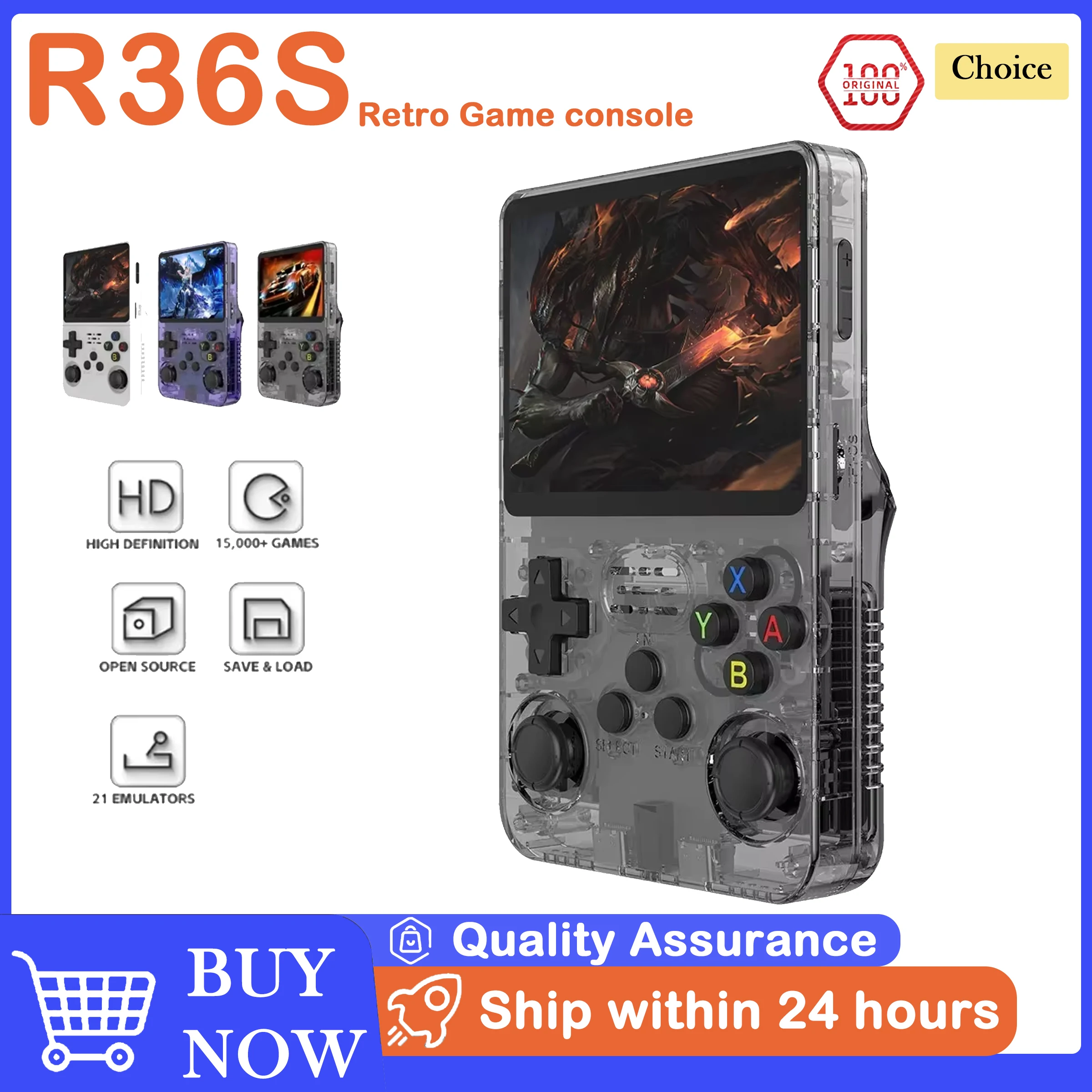 R36S Retro Handheld Game Console 3.5'' IPS,15000+ Games, Linux Portable Pocket Player, 64G TF Card RK3326, Original ARKOS