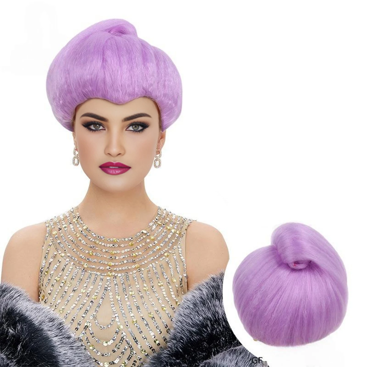 Light Purple Fluffy Round Top Bun Back Knot Wig Smooth Silky Glossy Neat Bangs Vintage Retro Fashion Synthetic Wig