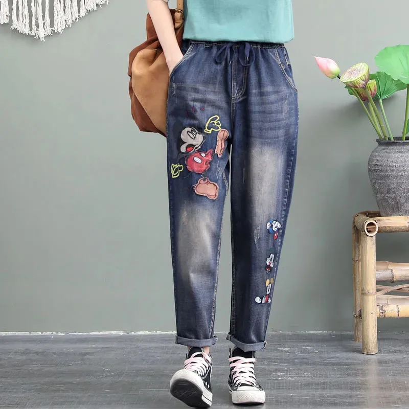 New Fashion Women's Jeans Spring Autumn Elastic Waist Casual Haren Pants Large Size Stickers Embroidered Female Denim Trousers