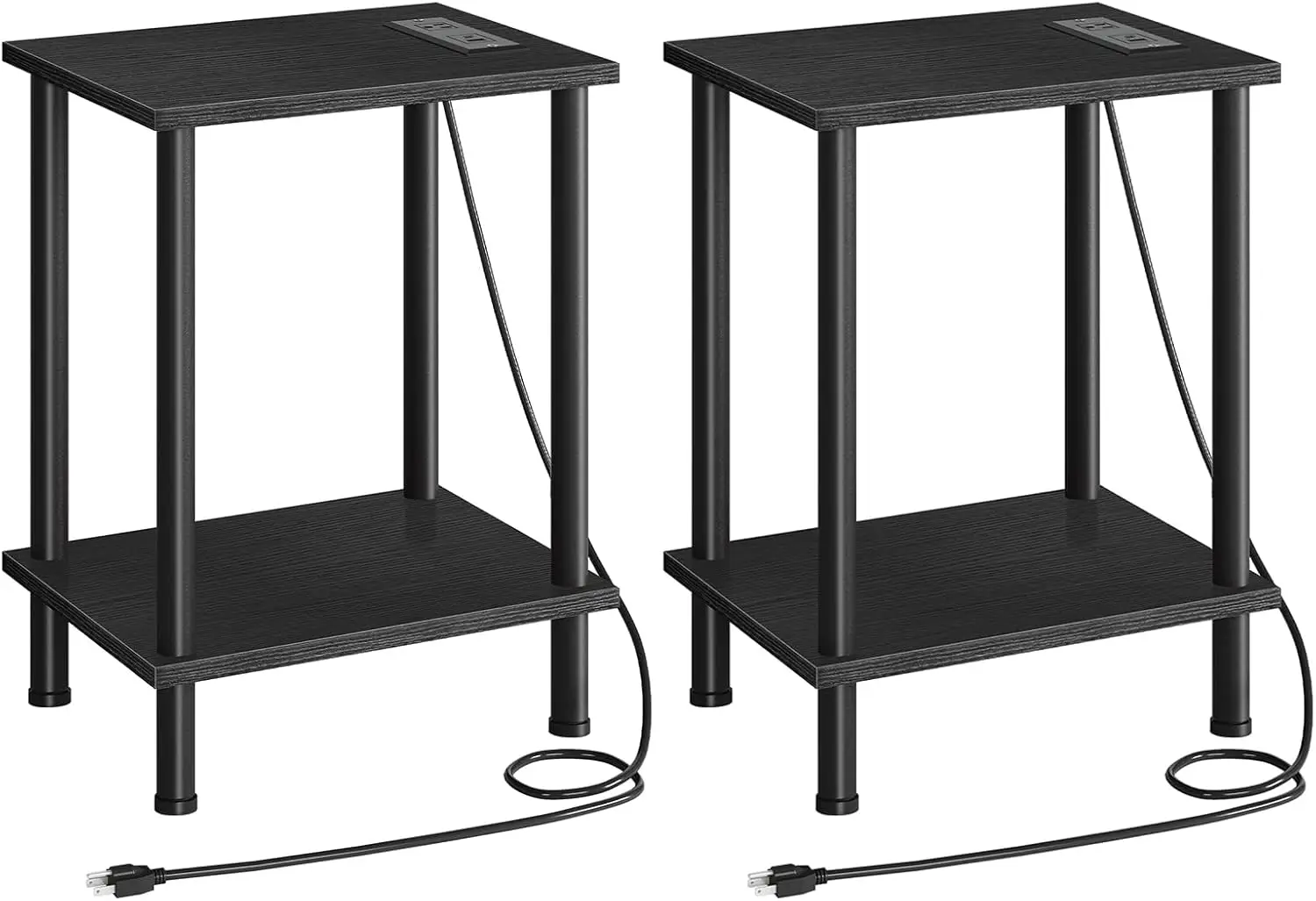 

Set of 2 Side Tables with Charging Station, USB & Outlet, Black, 2-Tier Shelves for Small Spaces, Living Room, Bedroom