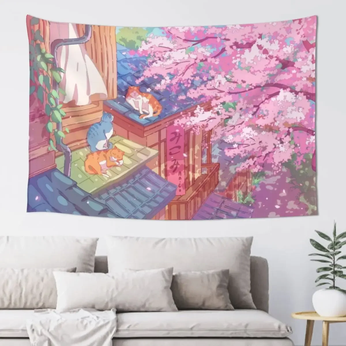 The cute cats, rooftops, and pink cherry blossom Tapestry Room Decor Things To The Room Tapestry