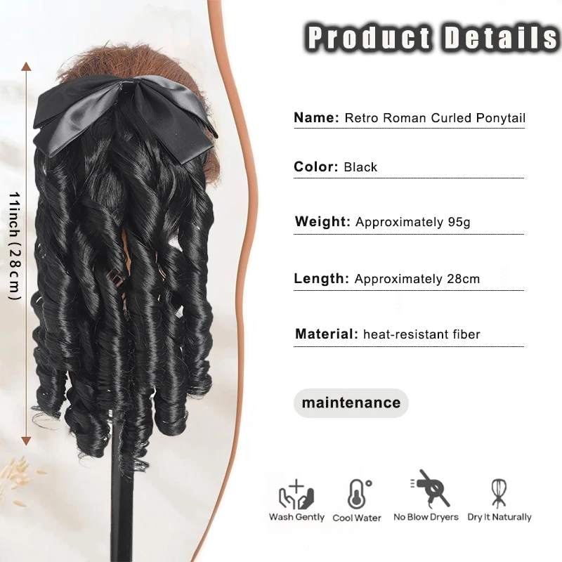Princess Roman Curls Curly Ponytail Black Bow Retro Synthetic Hair Extension Easy Comb‑in Hairpiece Wig for Women Party Cosplay