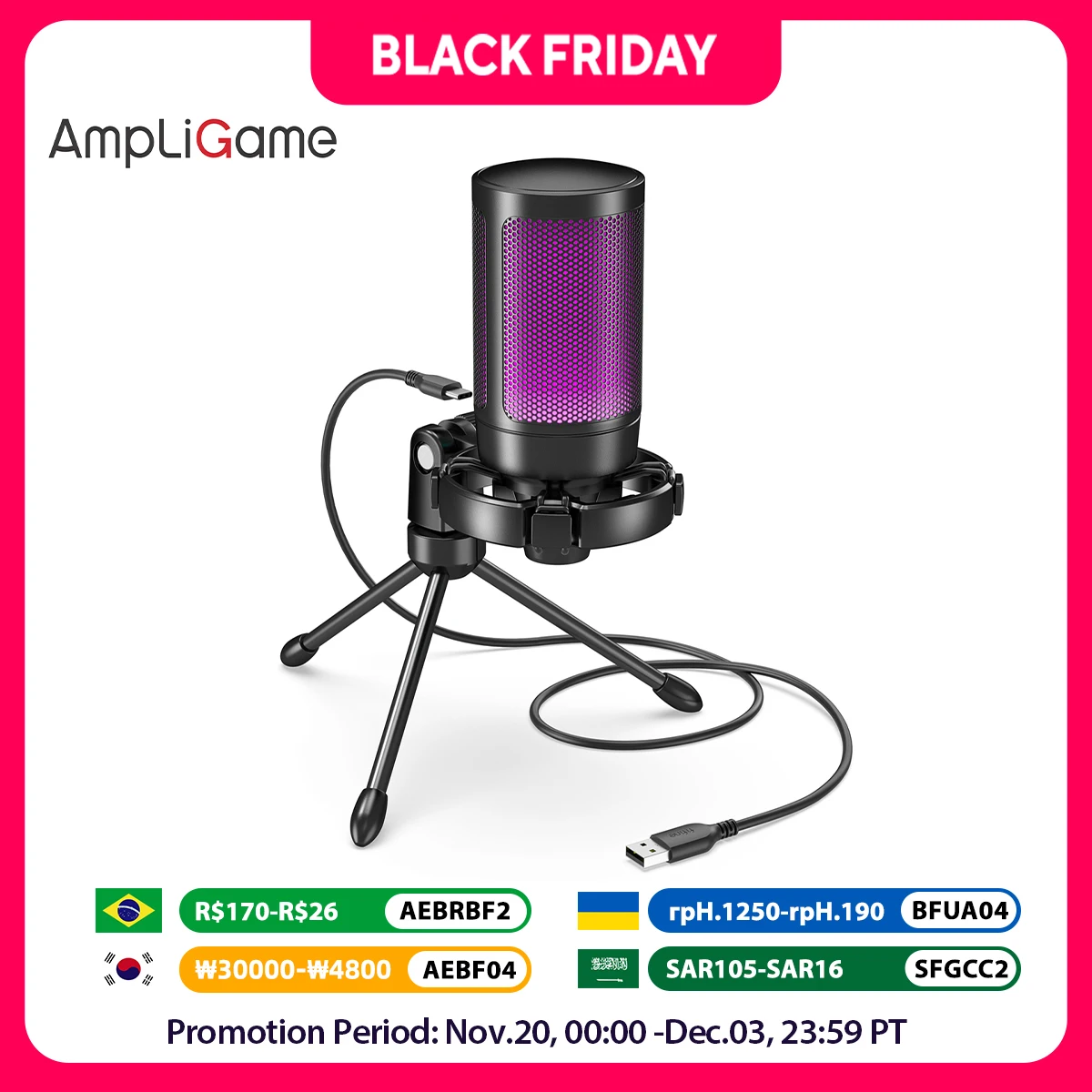 AmpliGame by FIFINE RGB USB Gaming Microphone with Light-touch Mute,Condenser Mic with Tripod for PC,PS4/5,Laptop Streaming-A2