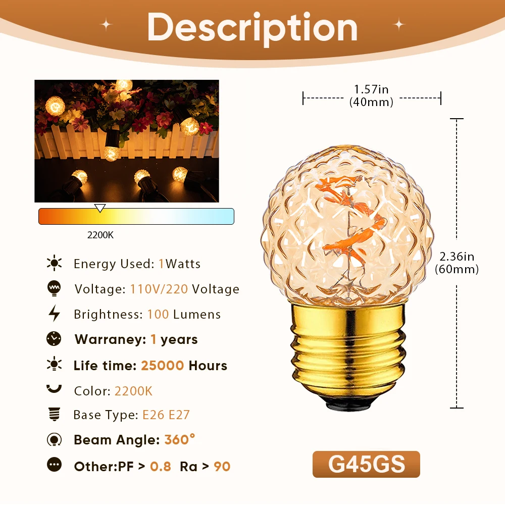 25PCS Led Bulb G40 Led Incandescent Filament Bulb E26 E27 110V 220V 1W Dimmable Vintage Decoration Pendant Lighting Lamps Bulbs